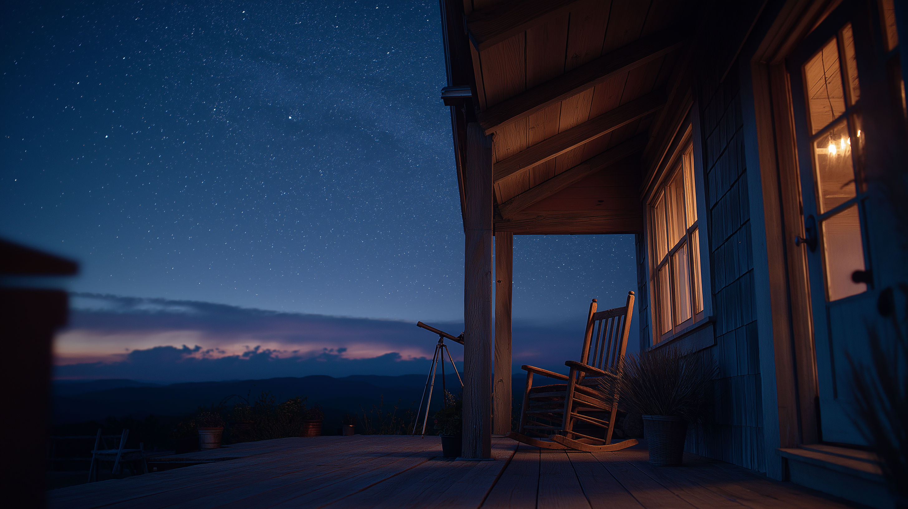Farmhouse porch at twilight with telescope and rocking chair, looking out toward the horizon